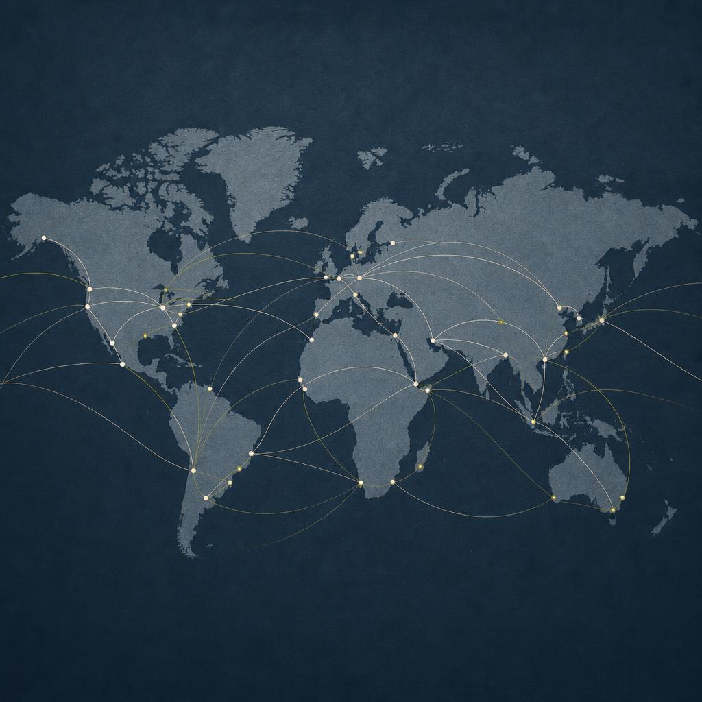 Conceptual world map with curved connections illustrating global commodity trade